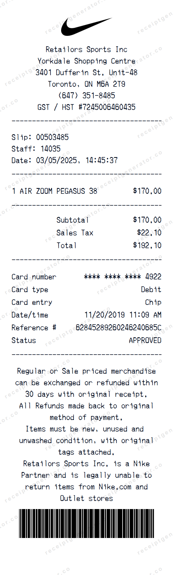 Nike Shoes Receipt Template Nike Shoes receipt template preview — realistic Nike Shoes receipt with items, prices, tax, and payment details