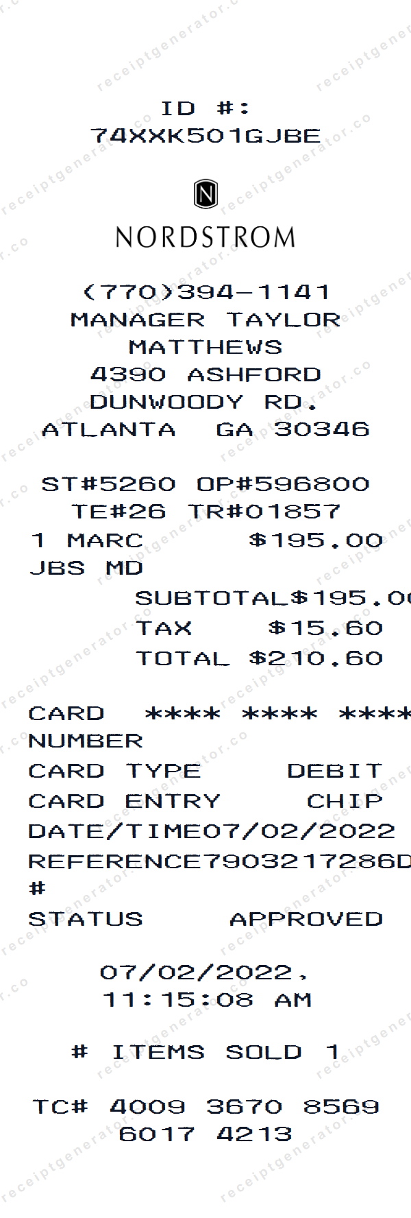 Nordstrom Receipt Template Nordstrom receipt template preview — realistic Nordstrom receipt with items, prices, tax, and payment details