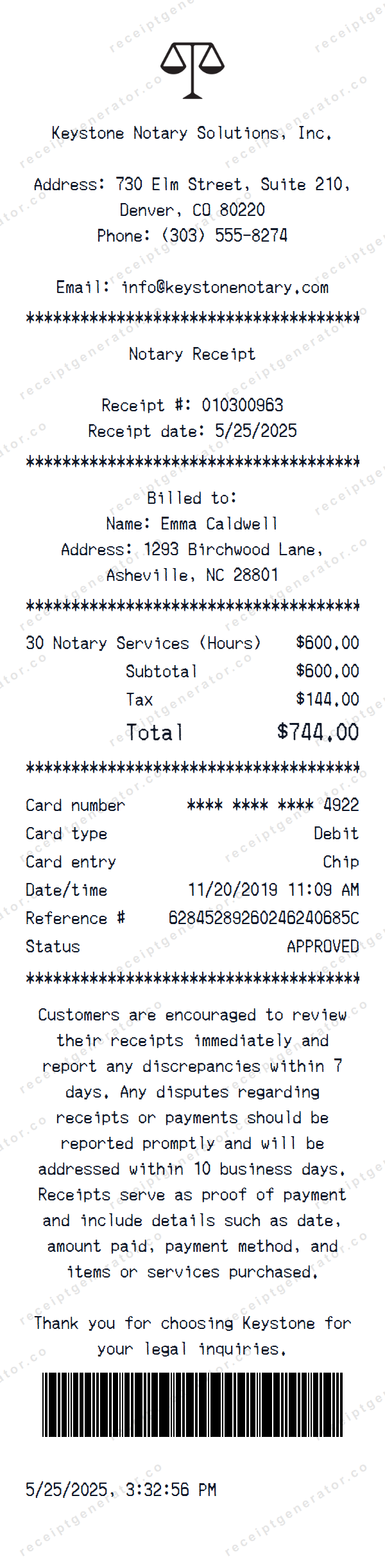 Notary Receipt Template Notary receipt template preview — realistic Notary receipt with items, prices, tax, and payment details