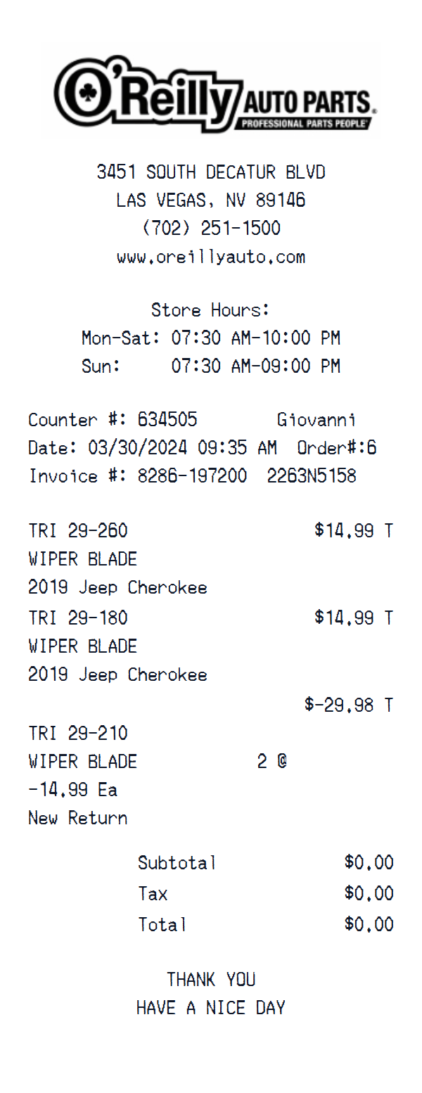 O'Reilly Auto Parts receipt example