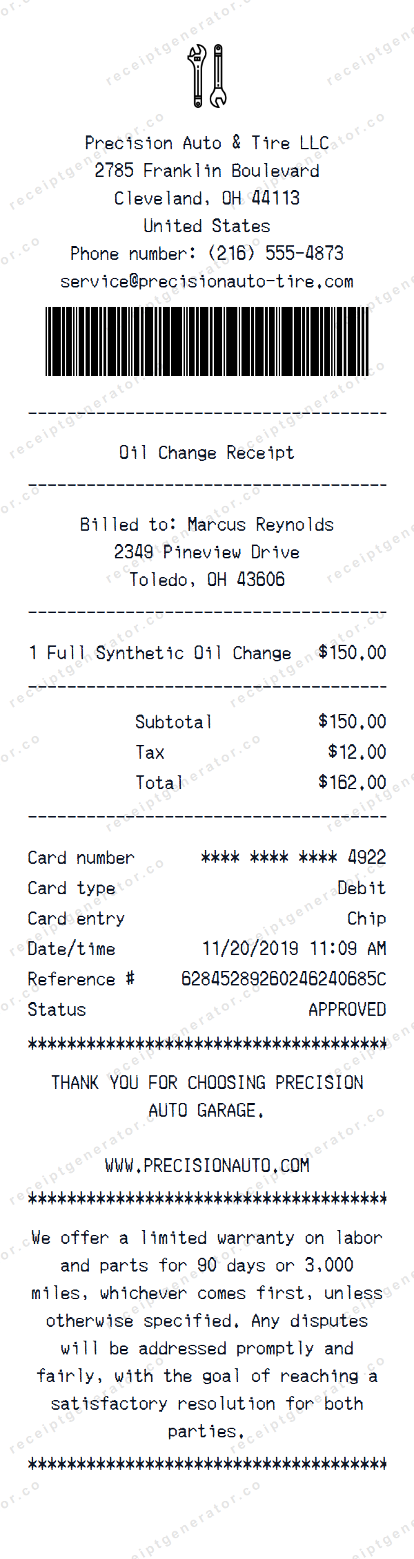 Oil Change Receipt Template Oil Change receipt template preview — realistic Oil Change receipt with items, prices, tax, and payment details