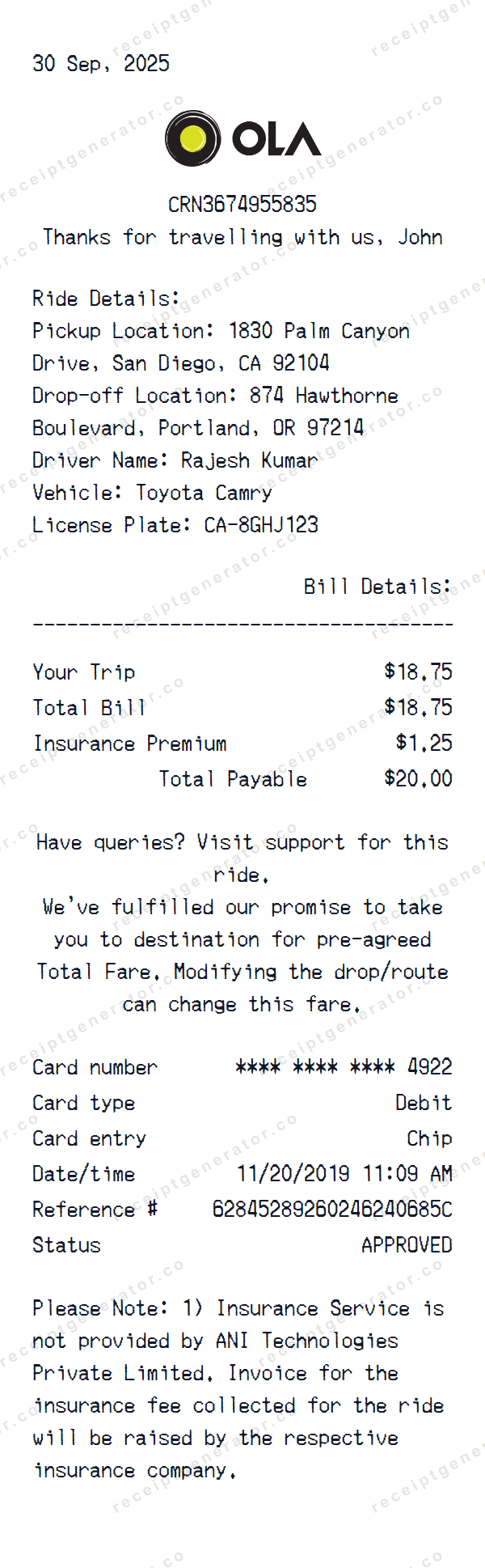 Ola Cab Receipt Template Ola Cab receipt template preview — realistic Ola Cab receipt with items, prices, tax, and payment details