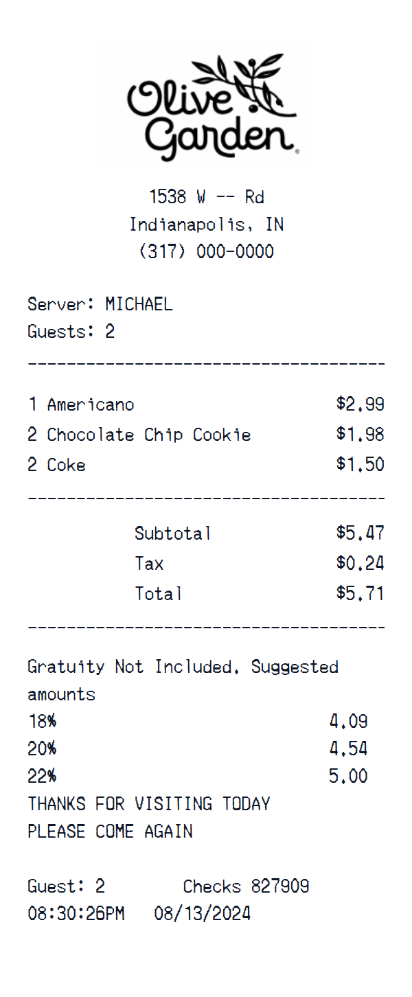 Olive Garden receipt example