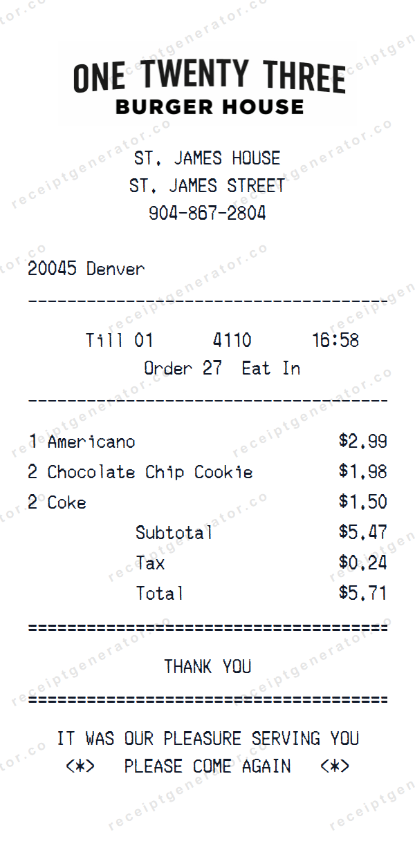 One Twenty Three Burger House Receipt Template One Twenty Three Burger House receipt template preview — realistic One Twenty Three Burger House receipt with items, prices, tax, and payment details
