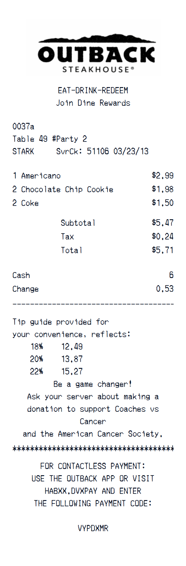 Outback Steakhouse Receipt preview