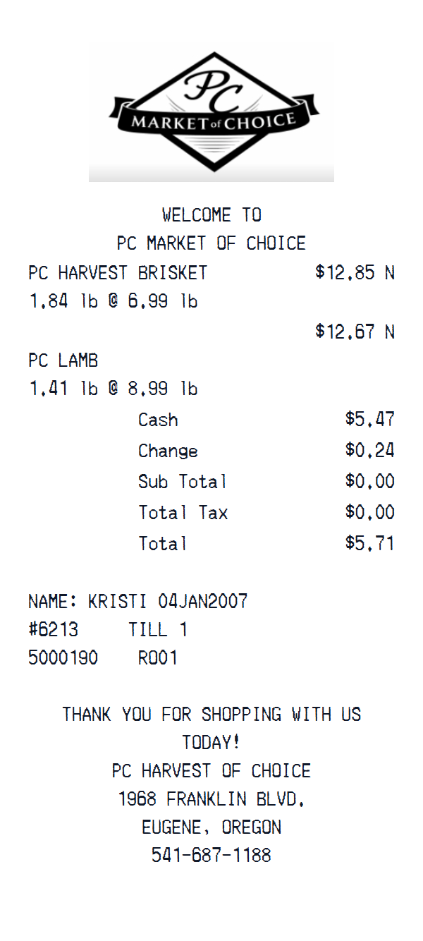 PC Market of Choice receipt example