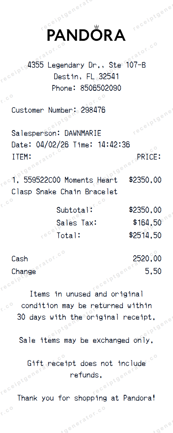 Pandora Receipt Template Pandora receipt template preview — realistic Pandora receipt with items, prices, tax, and payment details