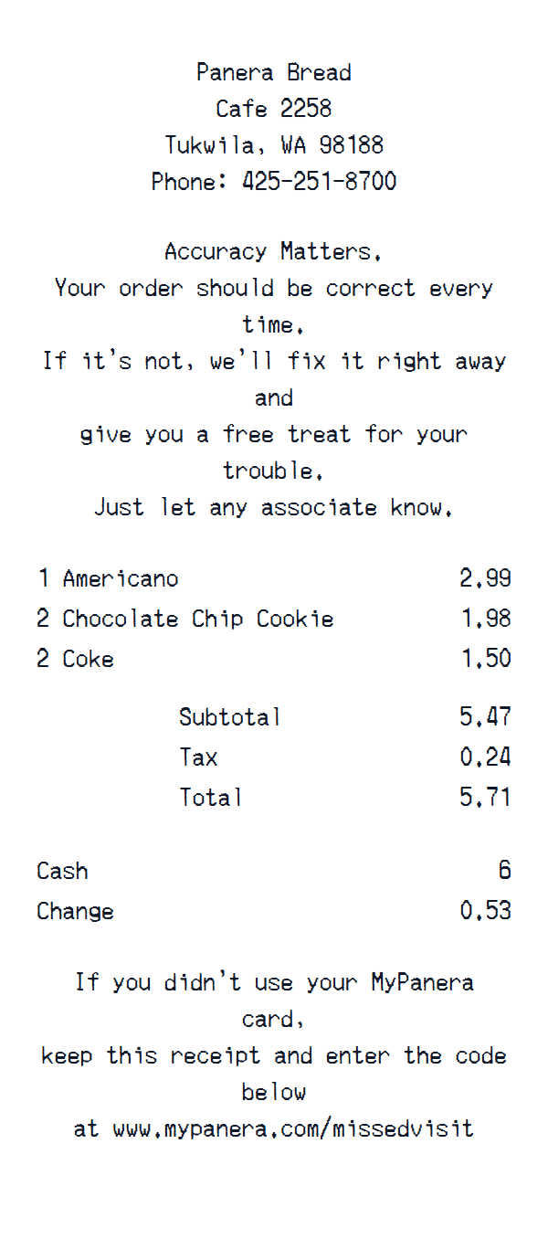 Panera Bread receipt example