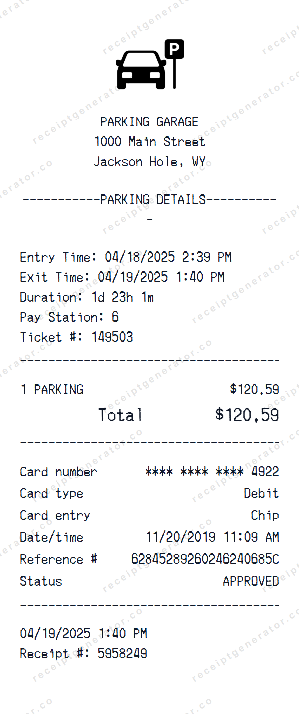 Parking Ticket Receipt Template Parking Ticket receipt template preview — realistic Parking Ticket receipt with items, prices, tax, and payment details