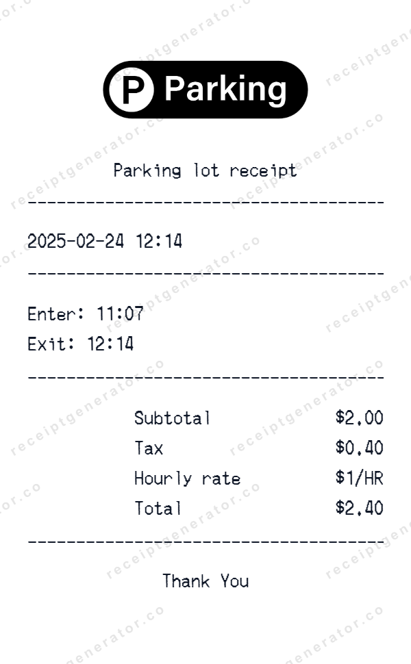 Parking lot Receipt Template Parking lot receipt template preview — realistic Parking lot receipt with items, prices, tax, and payment details
