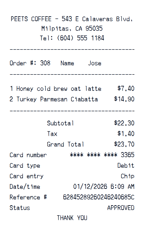 Peet’s Coffee receipt example