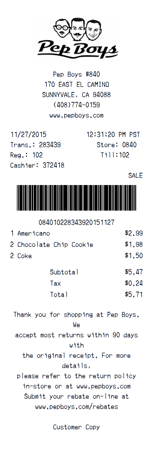 Pep Boys receipt example