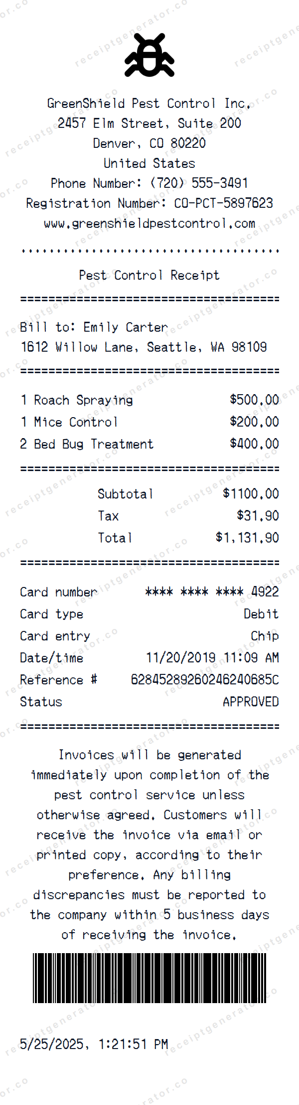 Pest Control Receipt Template Pest Control receipt template preview — realistic Pest Control receipt with items, prices, tax, and payment details