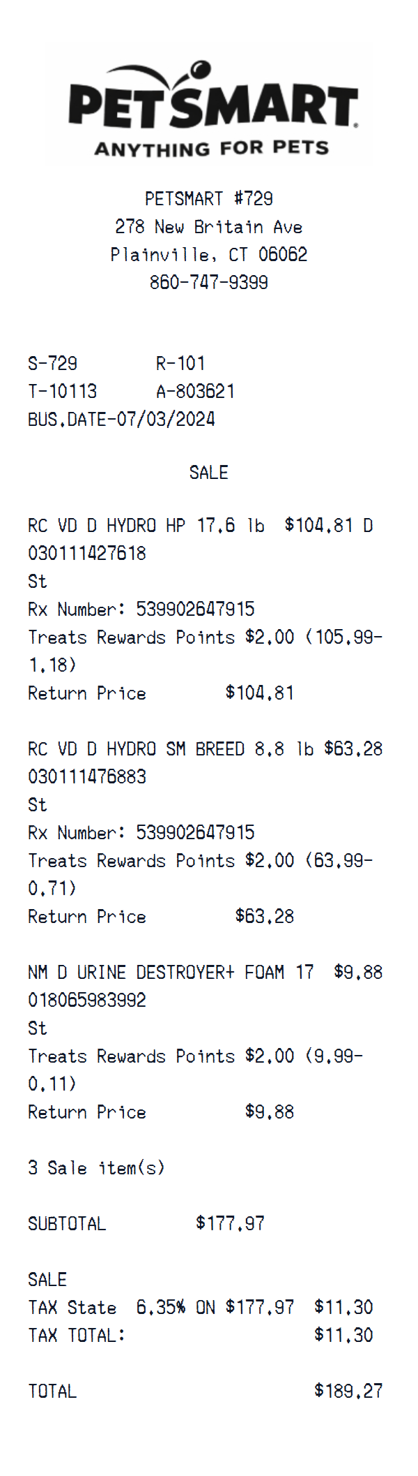 PetSmart receipt example