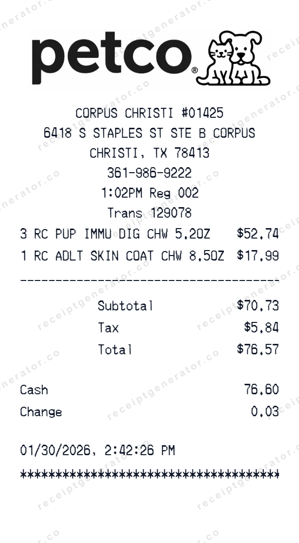 Petco Receipt Template Petco receipt template preview — realistic Petco receipt with items, prices, tax, and payment details