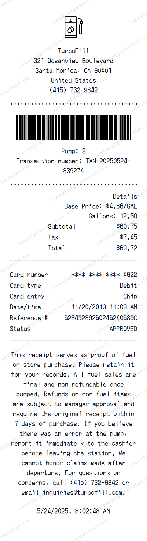 Petrol Receipt Template Petrol receipt template preview — realistic Petrol receipt with items, prices, tax, and payment details