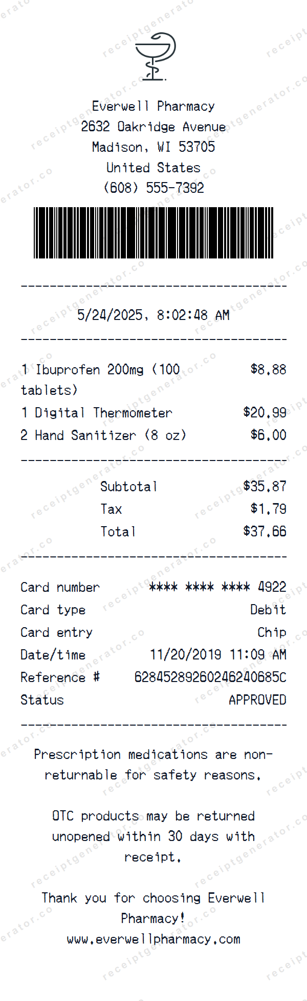 Pharmacy Receipt Template Pharmacy receipt template preview — realistic Pharmacy receipt with items, prices, tax, and payment details