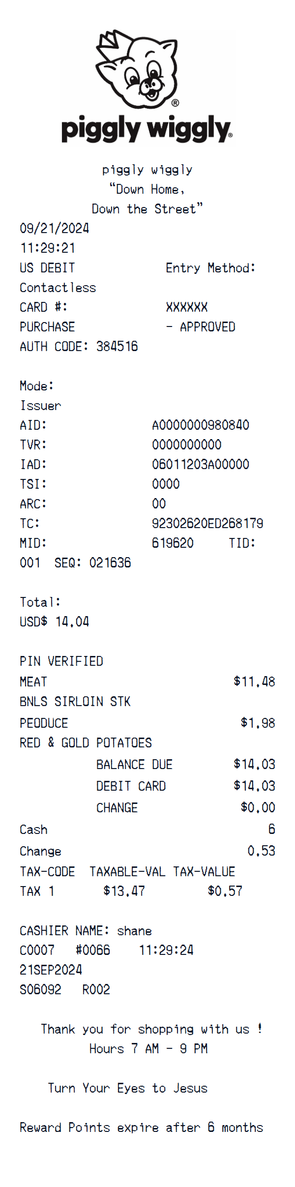 Piggly Wiggly receipt example