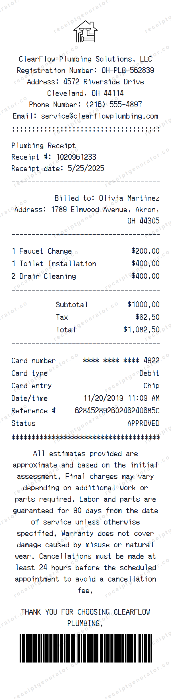 Plumbing Receipt Template Plumbing receipt template preview — realistic Plumbing receipt with items, prices, tax, and payment details