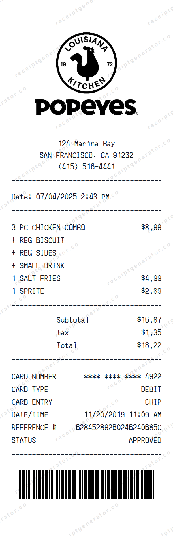 Popeyes Receipt Template Popeyes receipt template preview — realistic Popeyes receipt with items, prices, tax, and payment details
