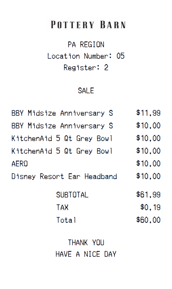 Pottery Barn receipt example