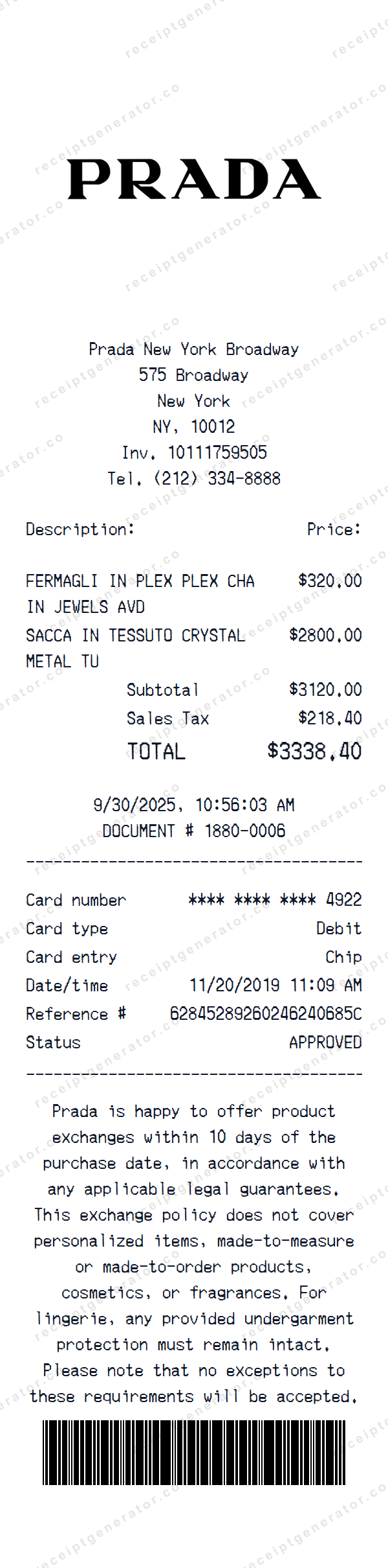Prada Receipt Template Prada receipt template preview — realistic Prada receipt with items, prices, tax, and payment details