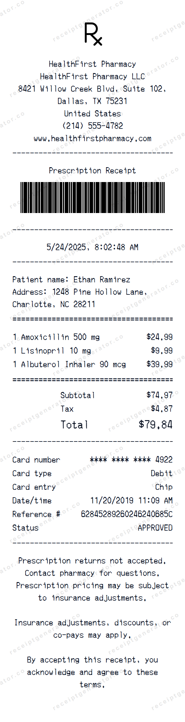 Prescription Receipt Template Prescription receipt template preview — realistic Prescription receipt with items, prices, tax, and payment details