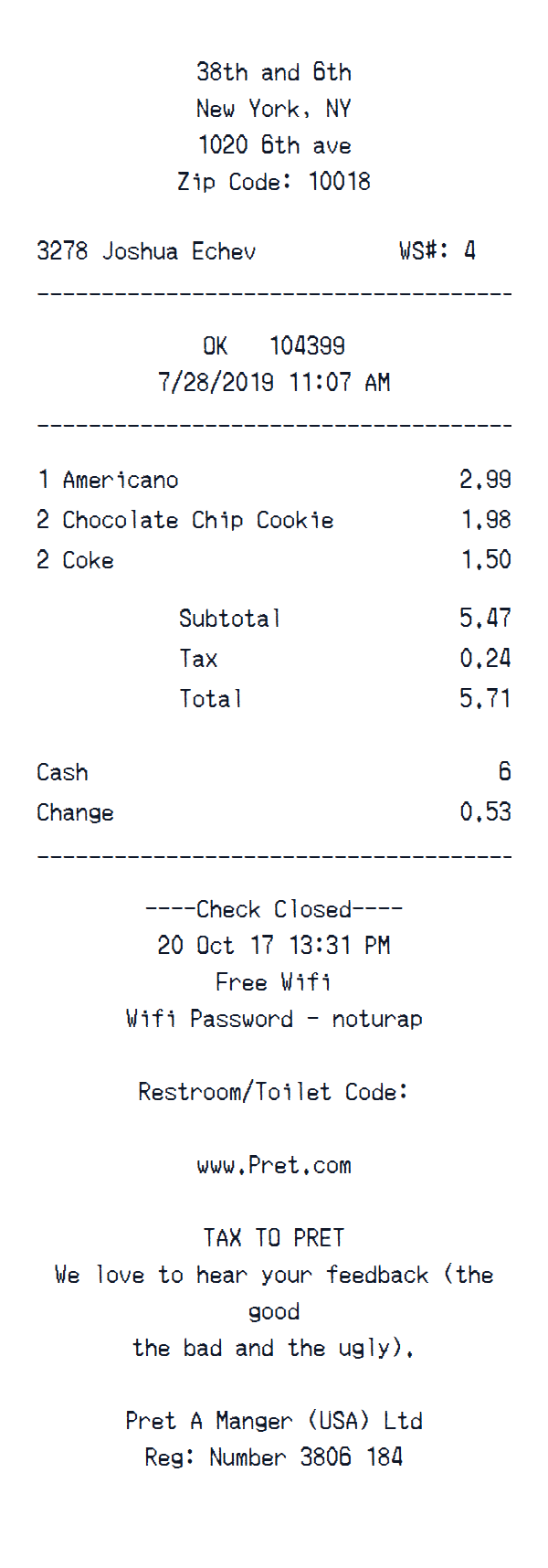 Pret A Manger receipt example