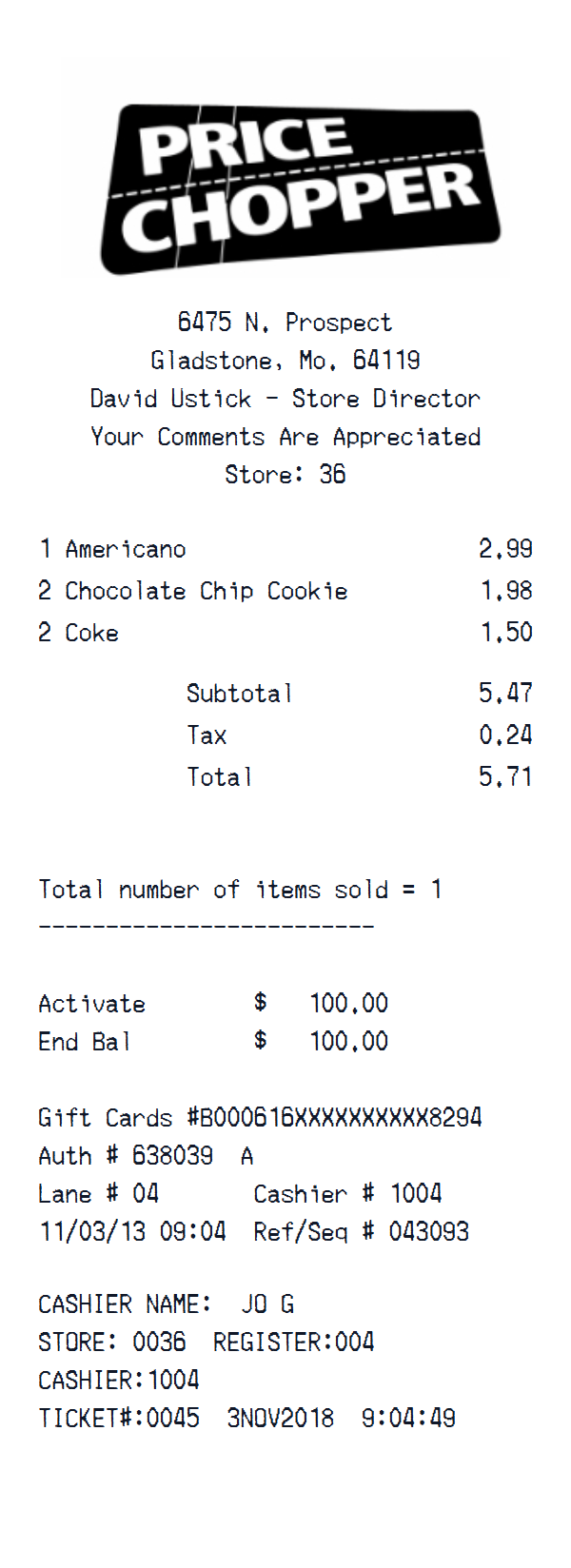 Price Chopper receipt example