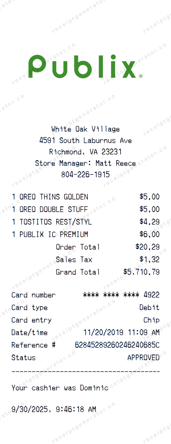Publix Receipt Template Publix receipt template preview — realistic Publix receipt with items, prices, tax, and payment details