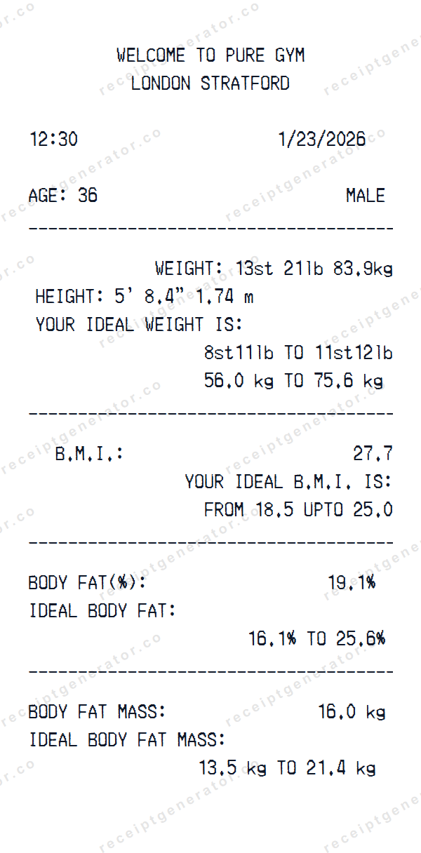 PureGym Receipt Template PureGym receipt template preview — realistic PureGym receipt with items, prices, tax, and payment details