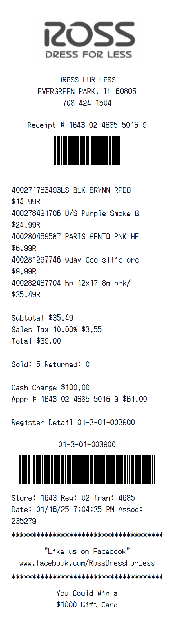 ROSS Dress For Less receipt example