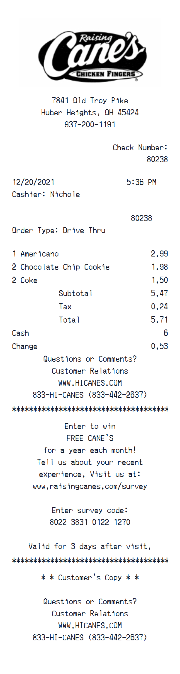 Raising Cane’s receipt example
