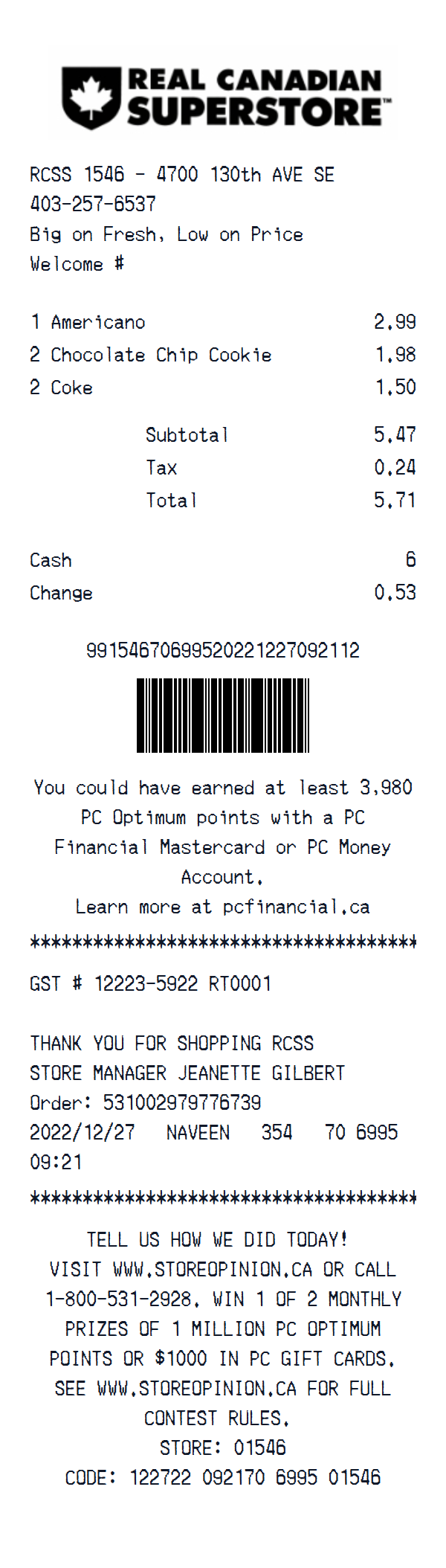 Real Canadian Superstore receipt example