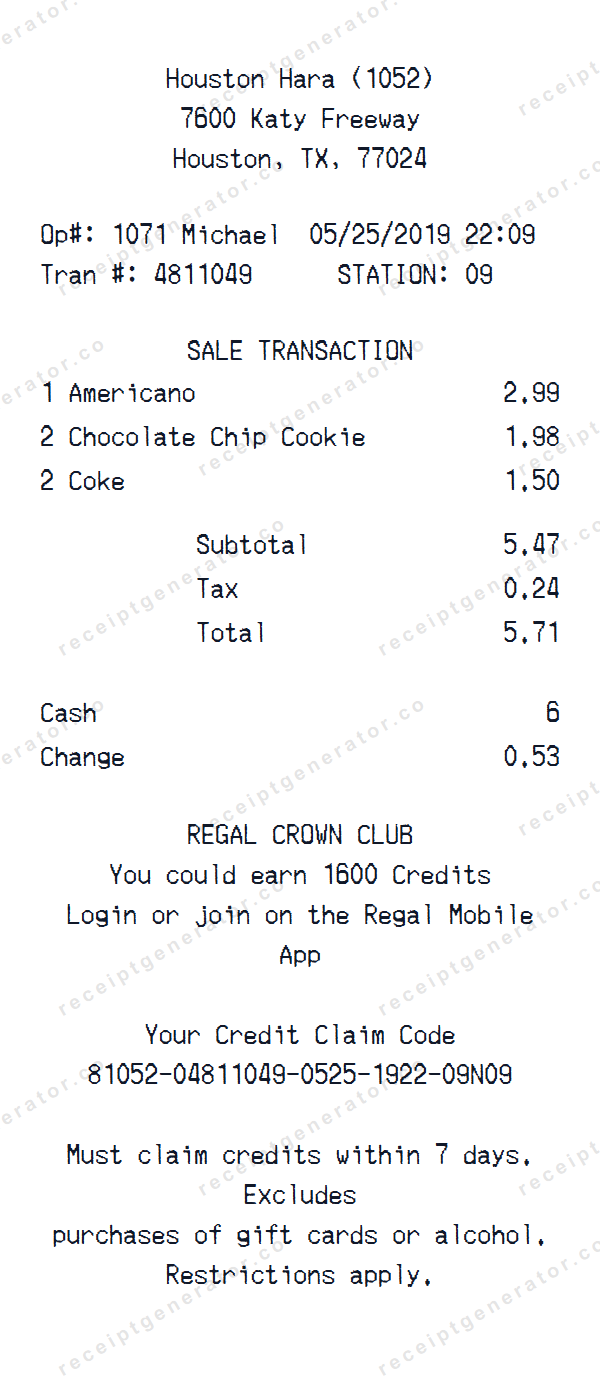 Regal Cinemas Receipt Template Regal Cinemas receipt template preview — realistic Regal Cinemas receipt with items, prices, tax, and payment details