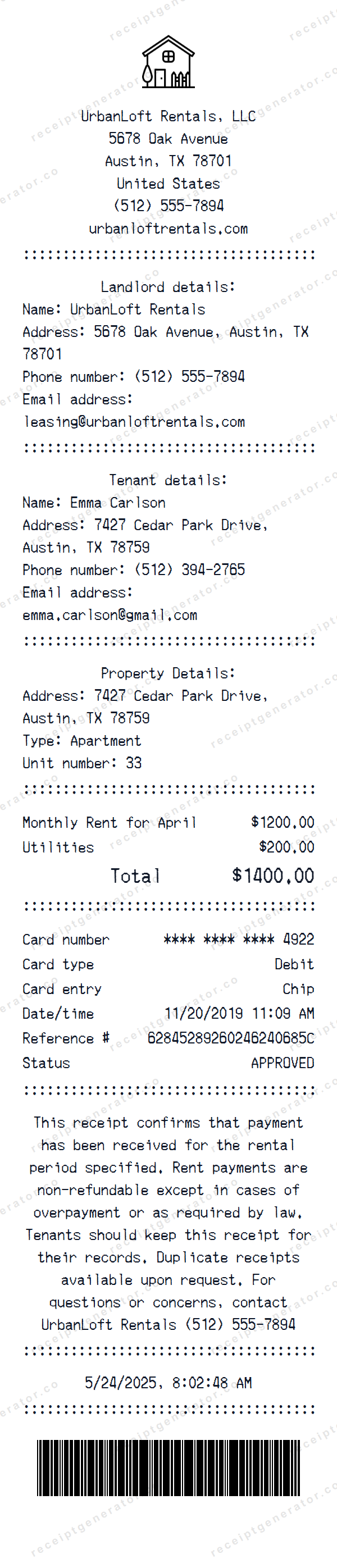 Rent Payment Receipt Template Rent Payment receipt template preview — realistic Rent Payment receipt with items, prices, tax, and payment details