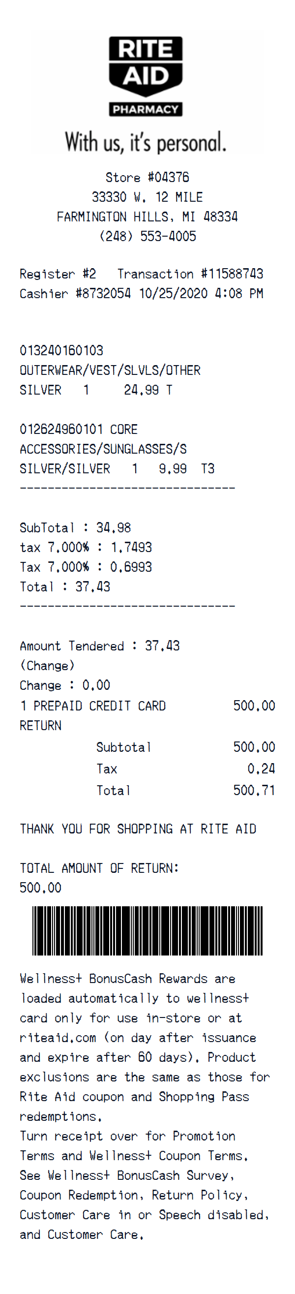 Rite Aid Pharmacy receipt example
