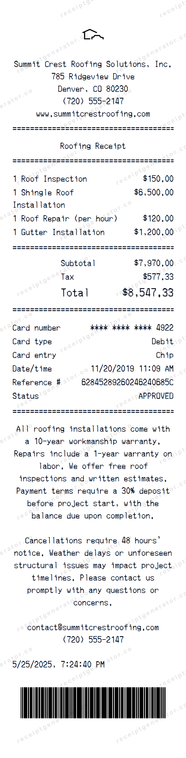 Roofing Receipt Template Roofing receipt template preview — realistic Roofing receipt with items, prices, tax, and payment details