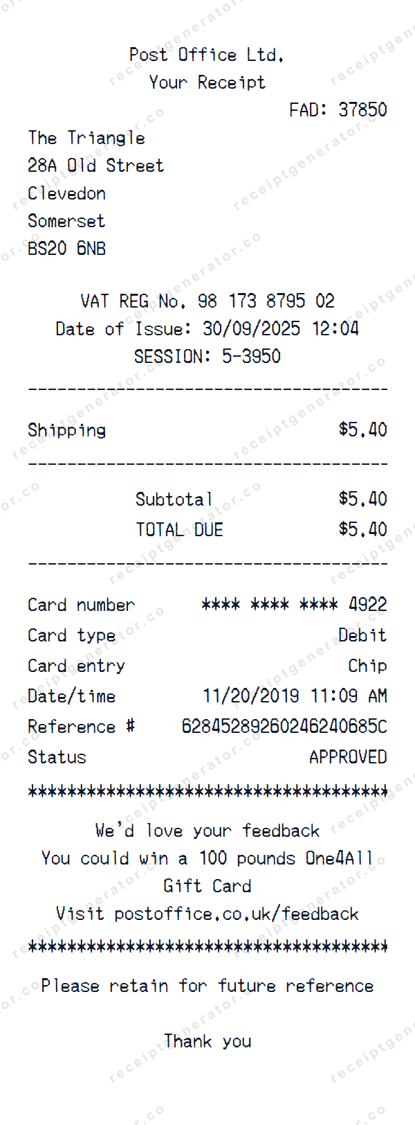 Royal Mail Receipt Template Royal Mail receipt template preview — realistic Royal Mail receipt with items, prices, tax, and payment details