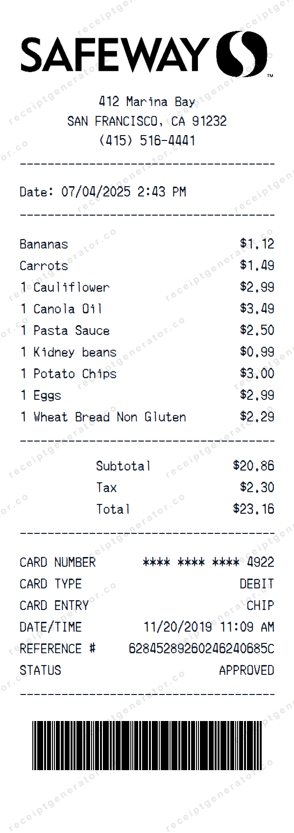 Safeway Receipt Template Safeway receipt template preview — realistic Safeway receipt with items, prices, tax, and payment details