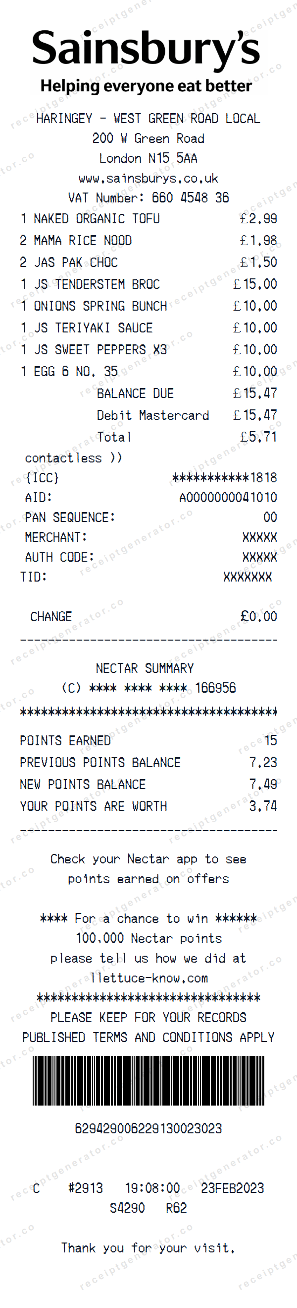 Sainsbury’s Receipt Template Sainsbury’s receipt template preview — realistic Sainsbury’s receipt with items, prices, tax, and payment details