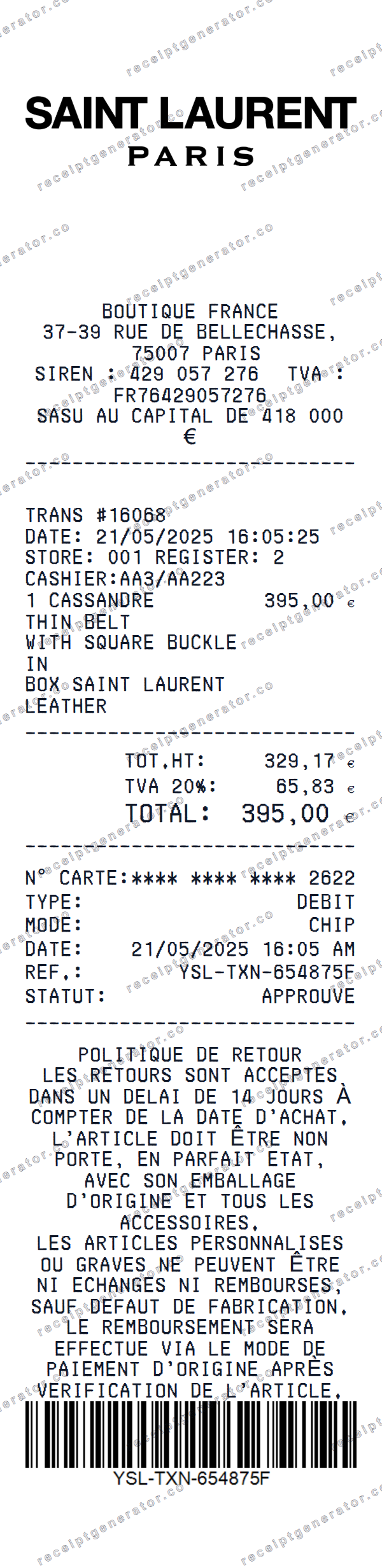 Saint Laurent Paris Receipt Template Saint Laurent Paris receipt template preview — realistic Saint Laurent Paris receipt with items, prices, tax, and payment details