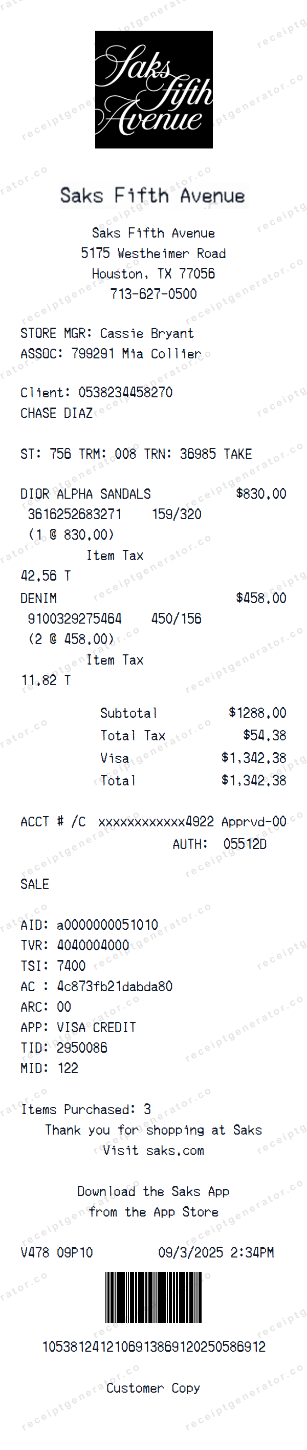 Saks Fifth Avenue Receipt Template Saks Fifth Avenue receipt template preview — realistic Saks Fifth Avenue receipt with items, prices, tax, and payment details