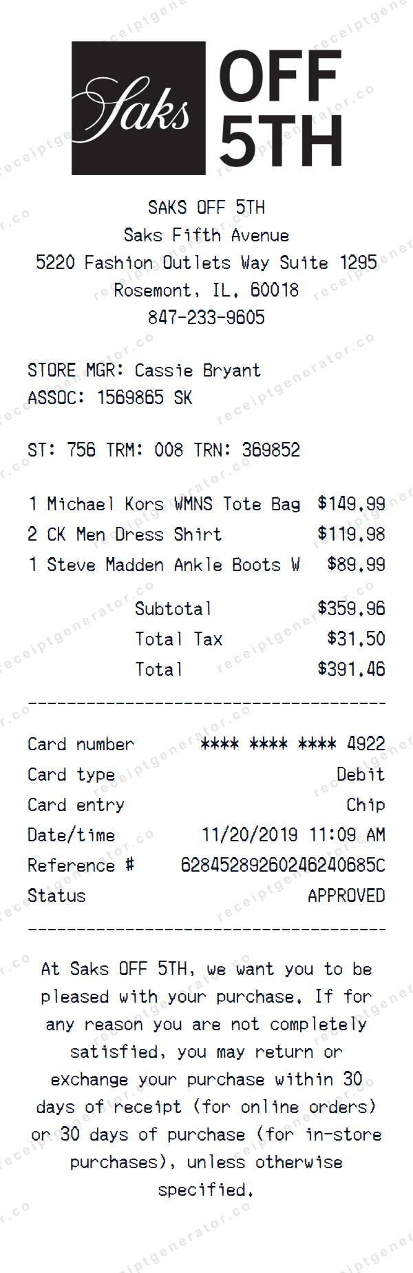 Saks Fifth Receipt Template Saks Fifth receipt template preview — realistic Saks Fifth receipt with items, prices, tax, and payment details