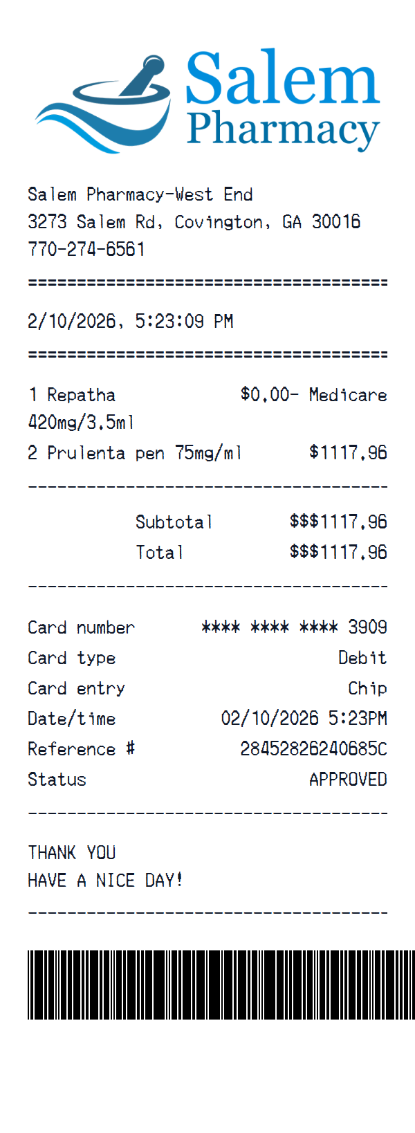 Salem Pharmacy receipt example