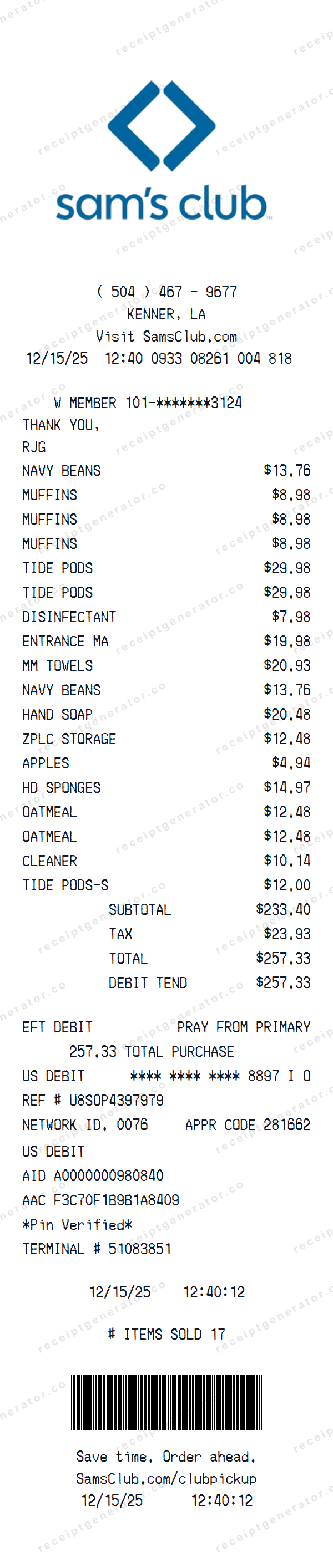 Sam’s Club Receipt Template Sam’s Club receipt template preview — realistic Sam’s Club receipt with items, prices, tax, and payment details