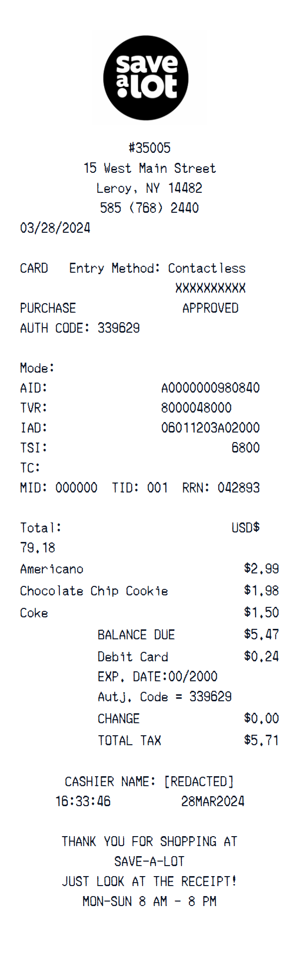 Save-A-Lot Receipt receipt example