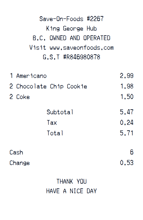 Save-On-Foods receipt example