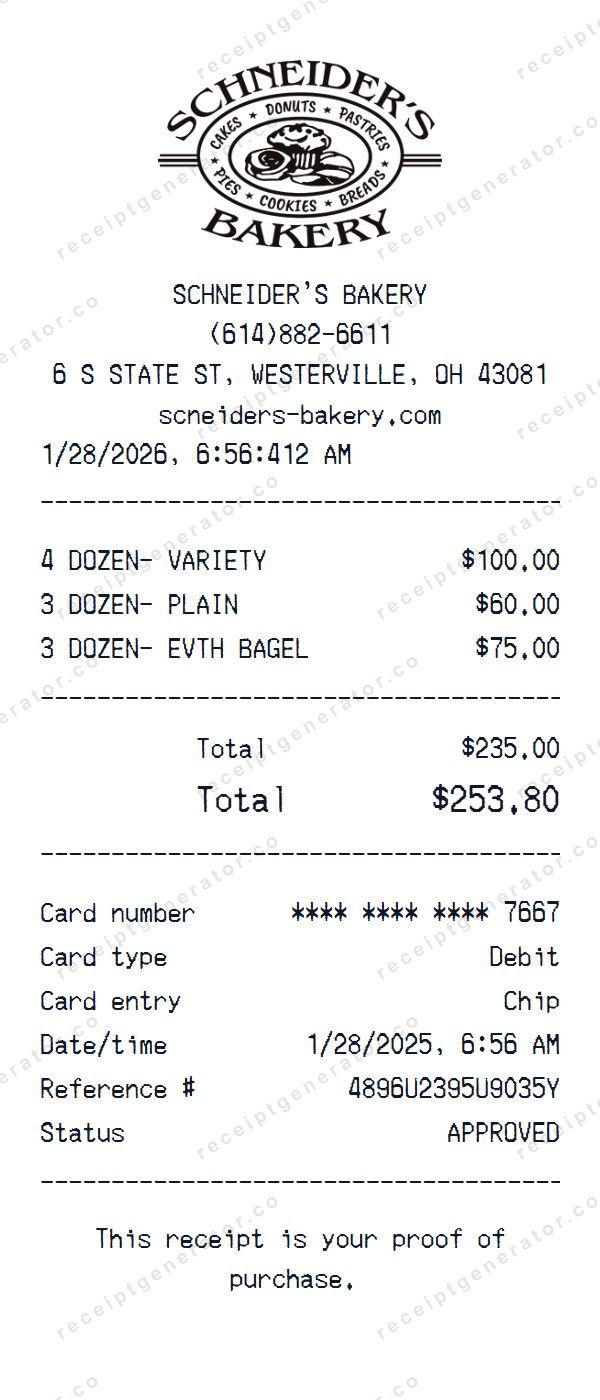 Schneider’s Bakery Receipt Template Schneider’s Bakery receipt template preview — realistic Schneider’s Bakery receipt with items, prices, tax, and payment details