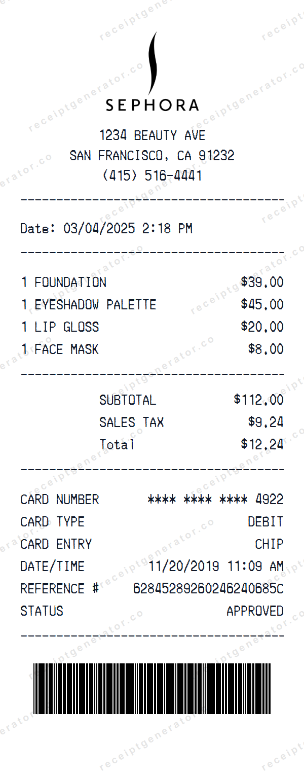 Sephora Receipt Template Sephora receipt template preview — realistic Sephora receipt with items, prices, tax, and payment details